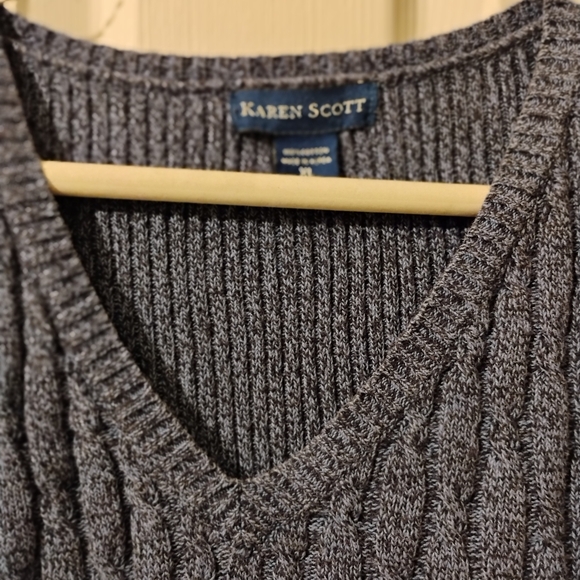 Karen Scott Blue Gray V-Neck Cable Knit Sweater - Picture 3 of 4